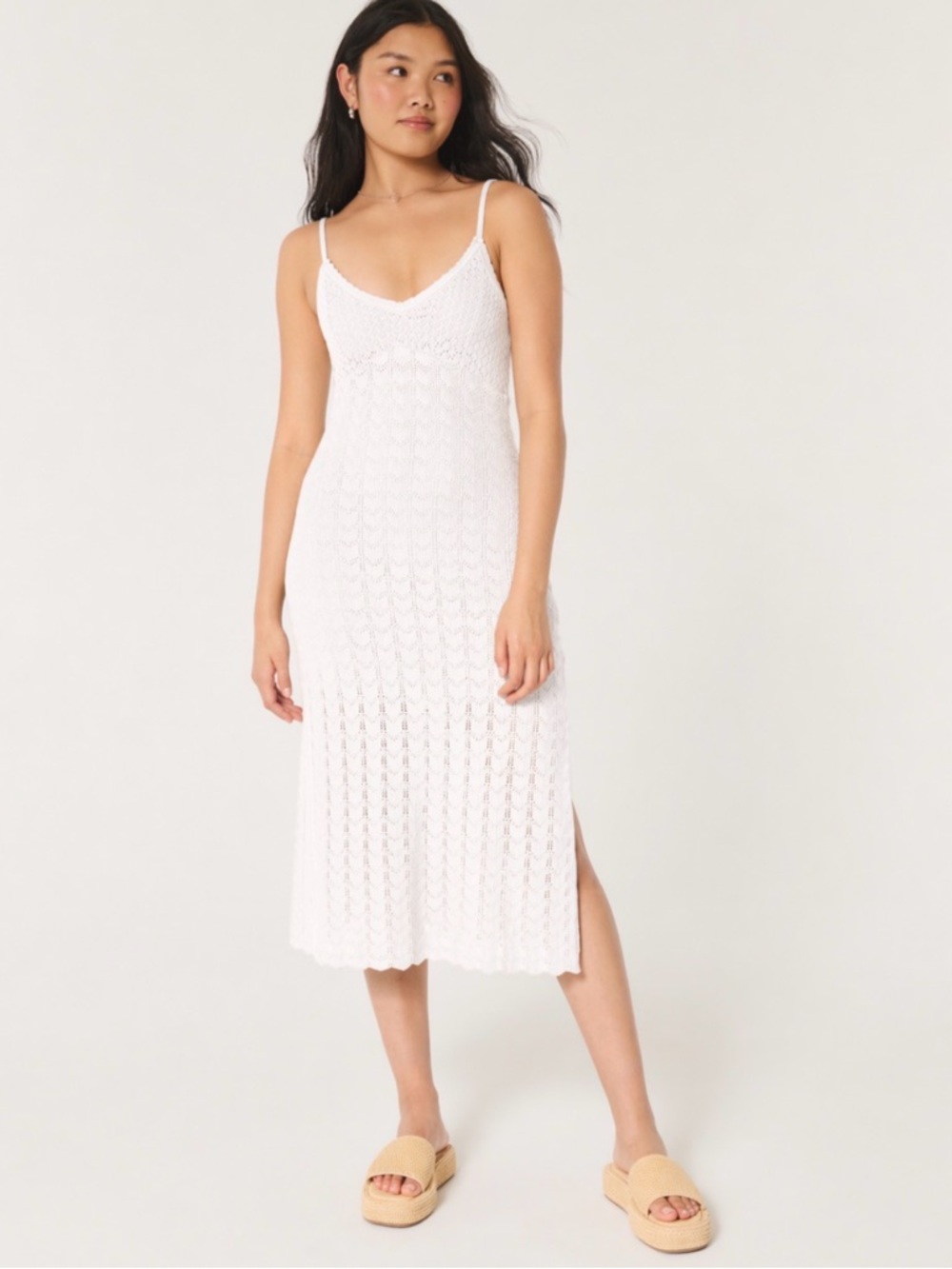 Women's White Crochet Midi Dress with Spaghetti Straps